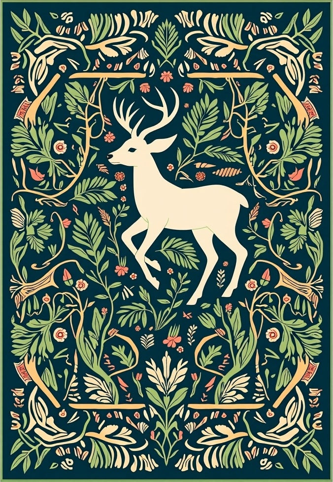 Forest Deer Floral Pattern Rug