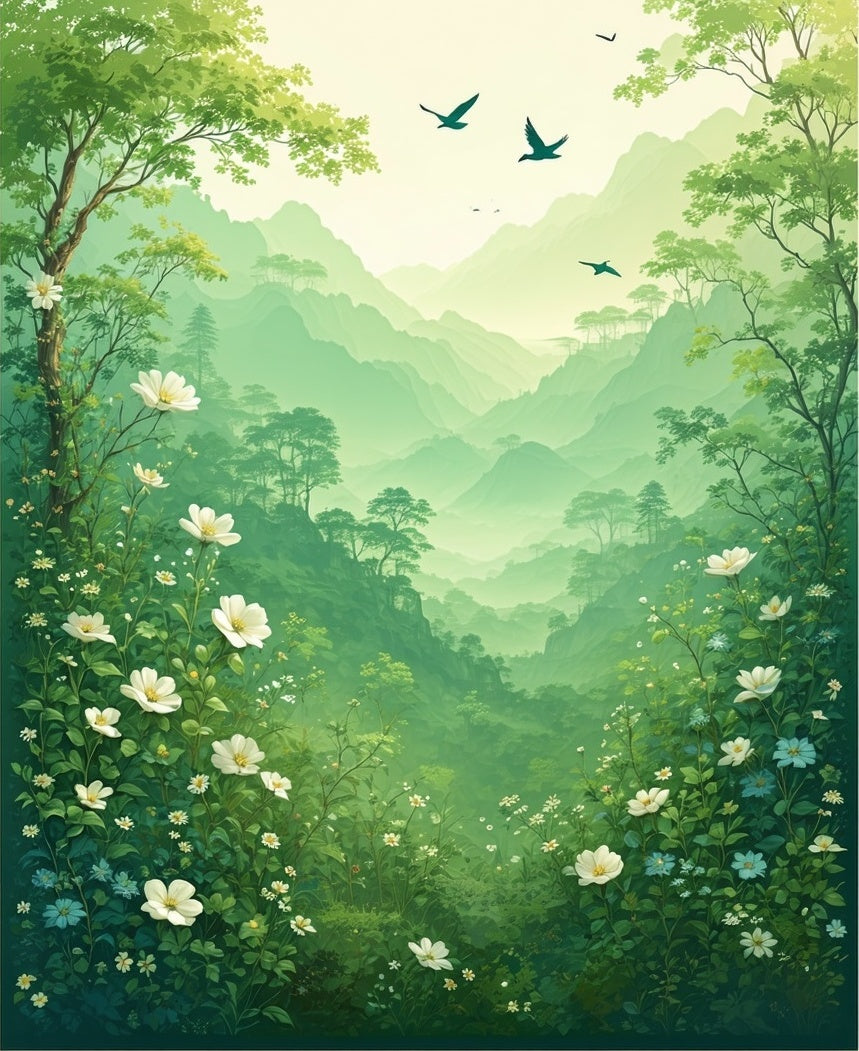Lush Misty Mountain Floral Landscape Rug