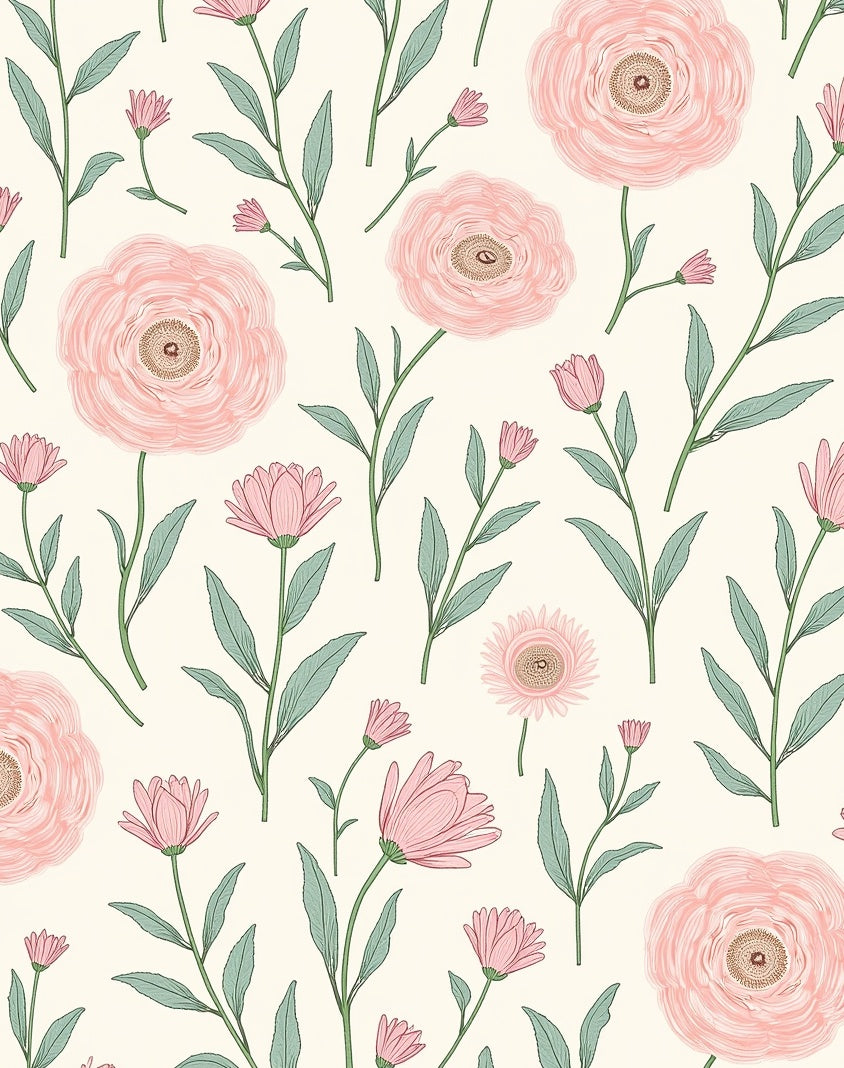 Delicate Pink Floral Botanical Pattern Rug