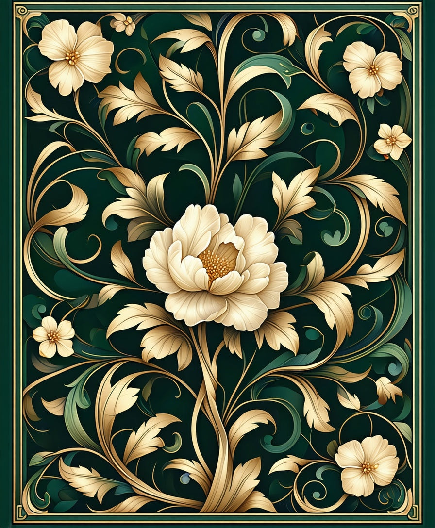 Ornate Floral Scrollwork Emerald Art Rug