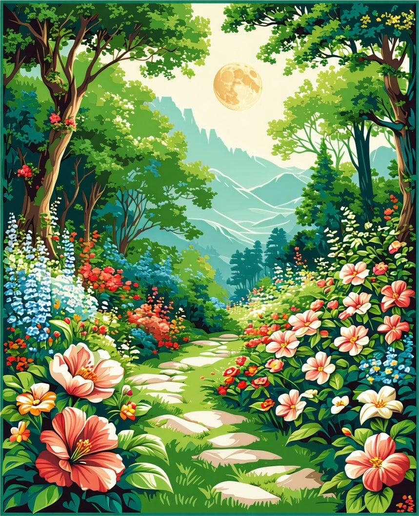 Enchanted Garden Path Floral Scene Rug