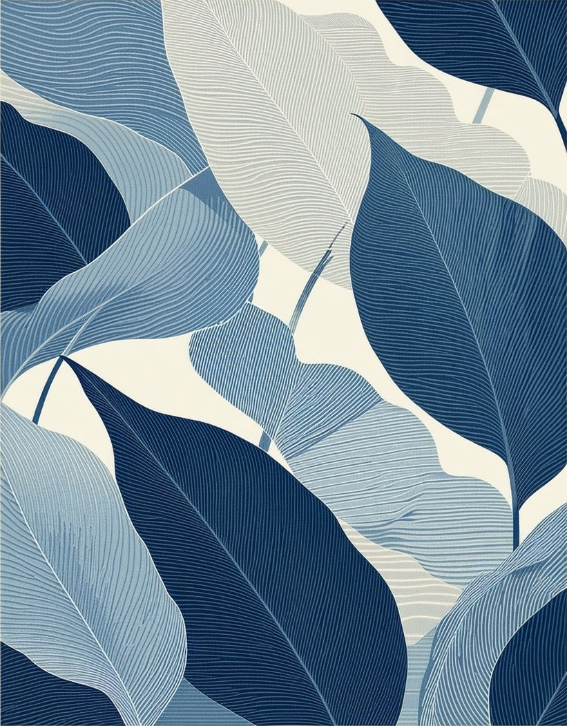 Shades of Blue Tropical Leaf Pattern Rug