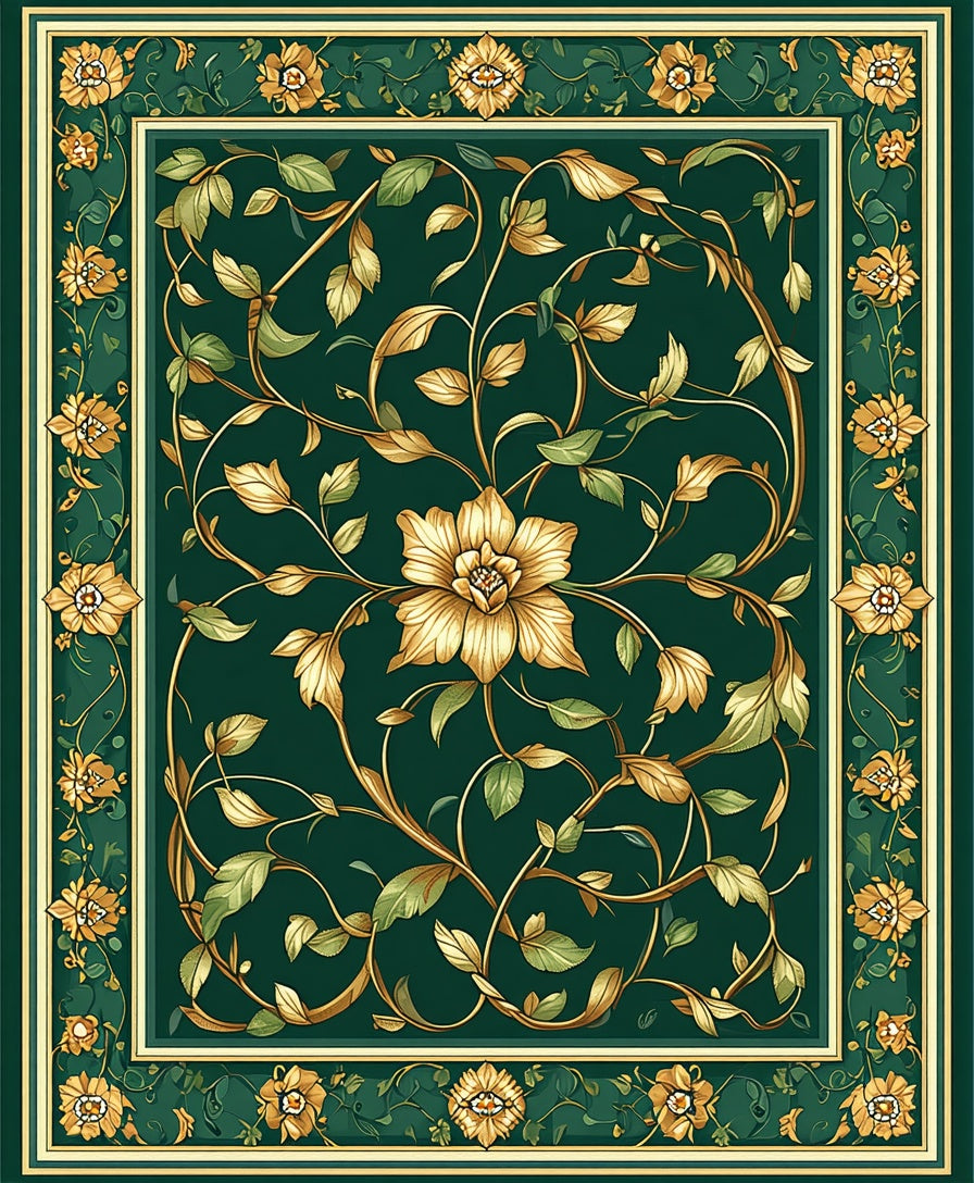 Emerald Green Floral Vine Border Rug
