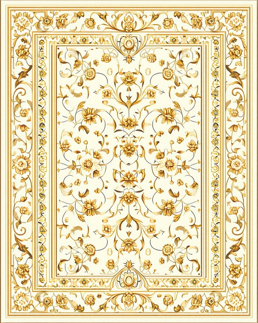 Golden Floral Bordered Rectangular Design Rug