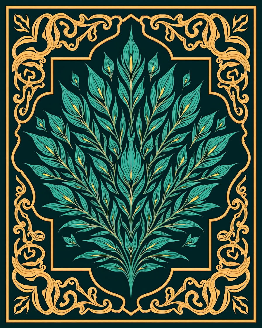 Emerald Leafy Swirls Golden Frame Design Rug