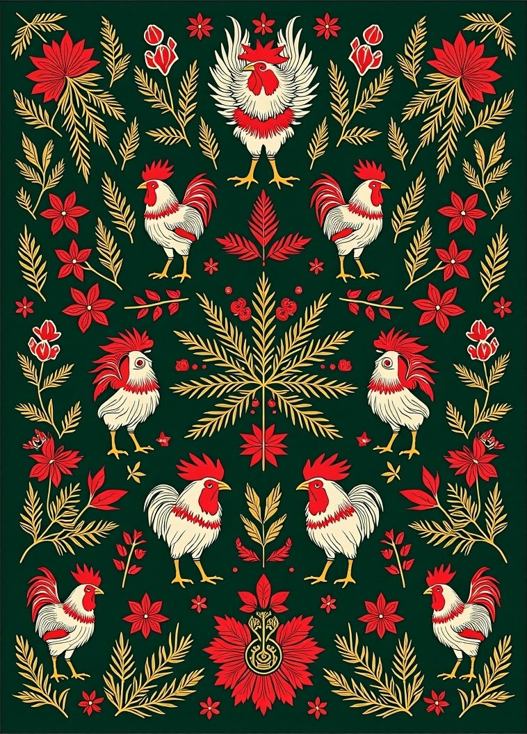 Folk Rooster Floral and Foliage Rug