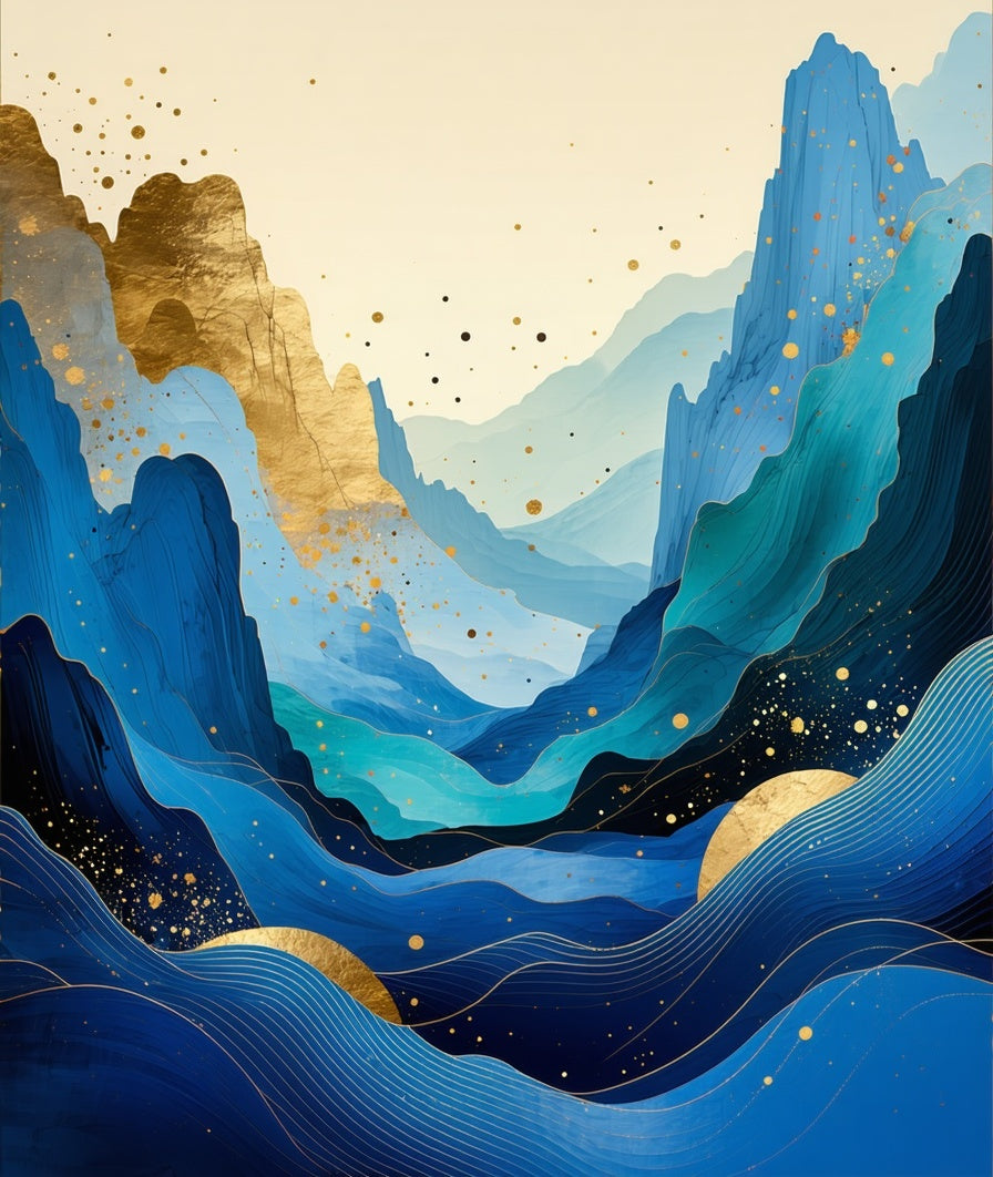 Blue And Gold Mountain Landscape Design Rug
