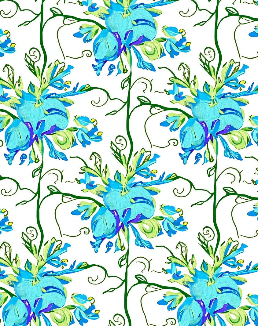 Floral Vines Blossoms Blue Print Rug