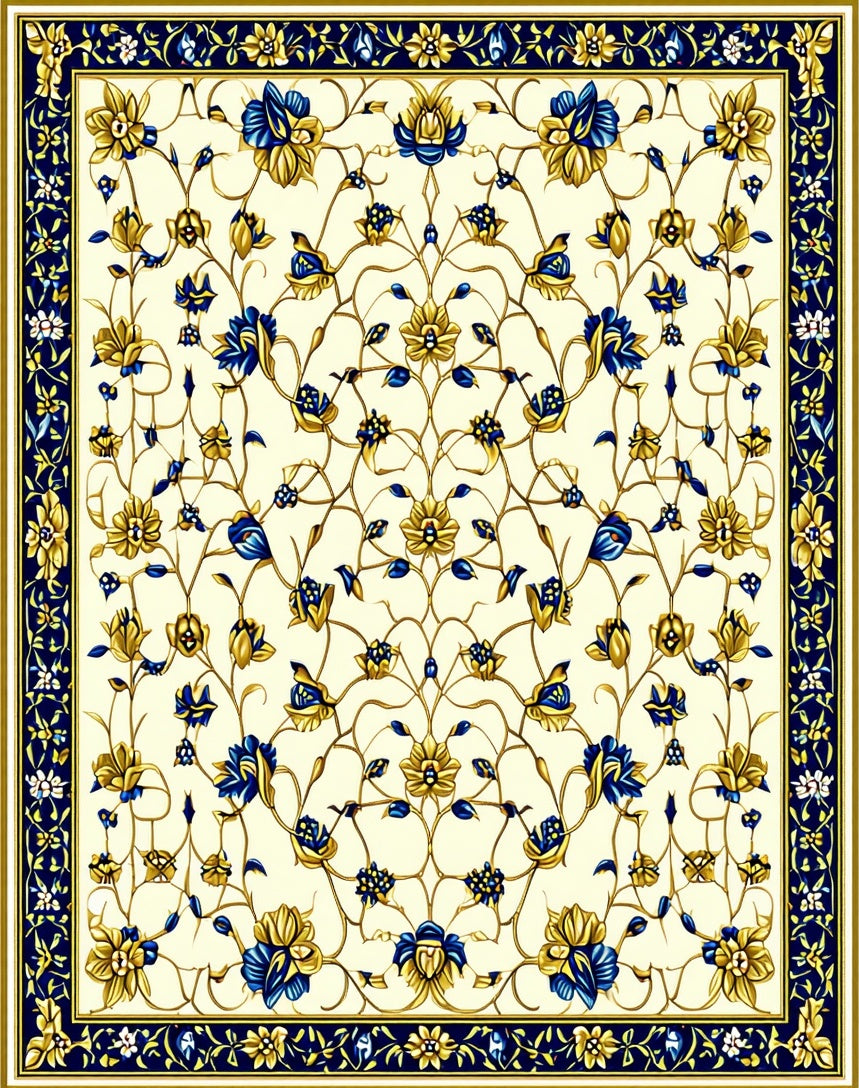 Intricate Floral Garden Blue Gold Design Rug