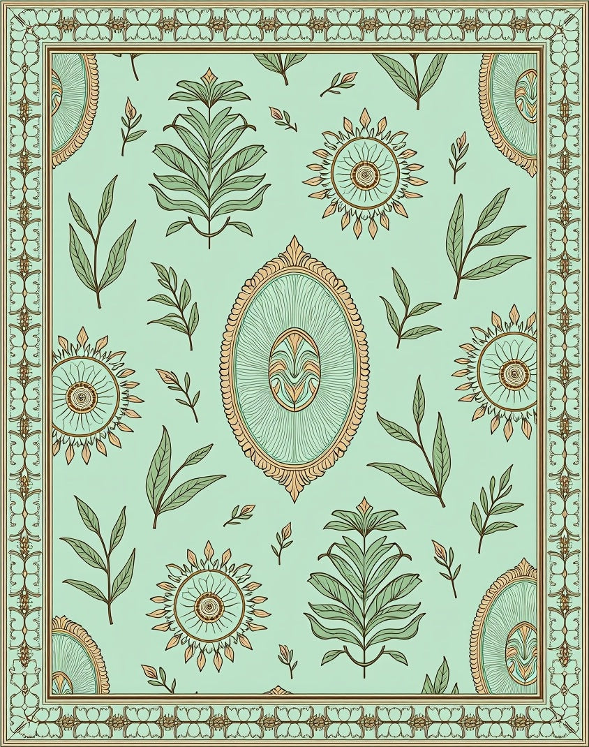 Pale Green Floral Medallion Border Rug