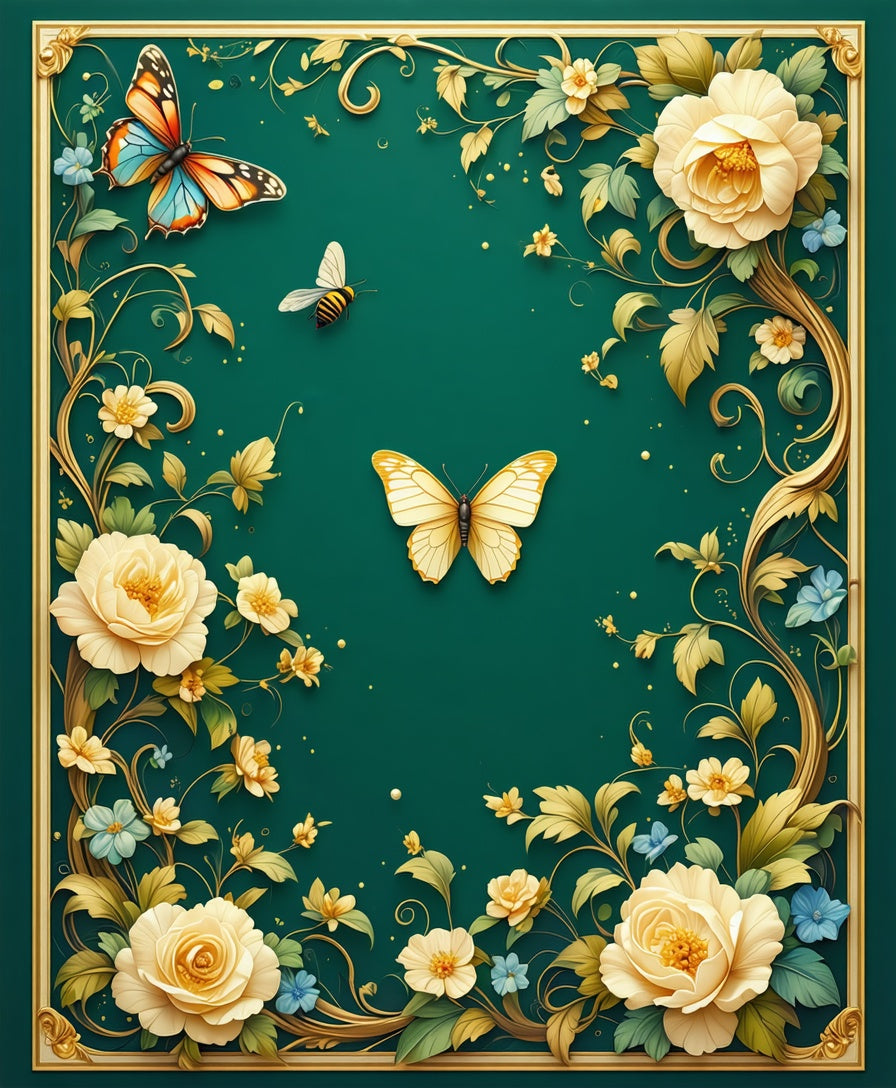 Golden Floral Butterfly Botanical Design Rug