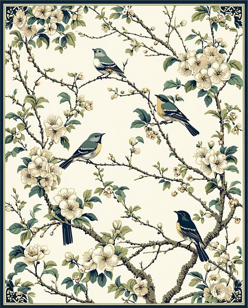 Birds With Cherry Blossoms Pattern Rug