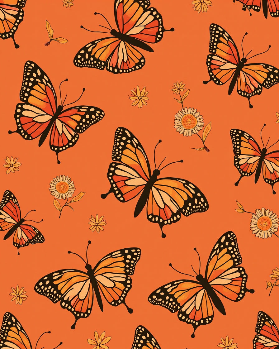 Orange Monarch Butterfly Floral Pattern Rug