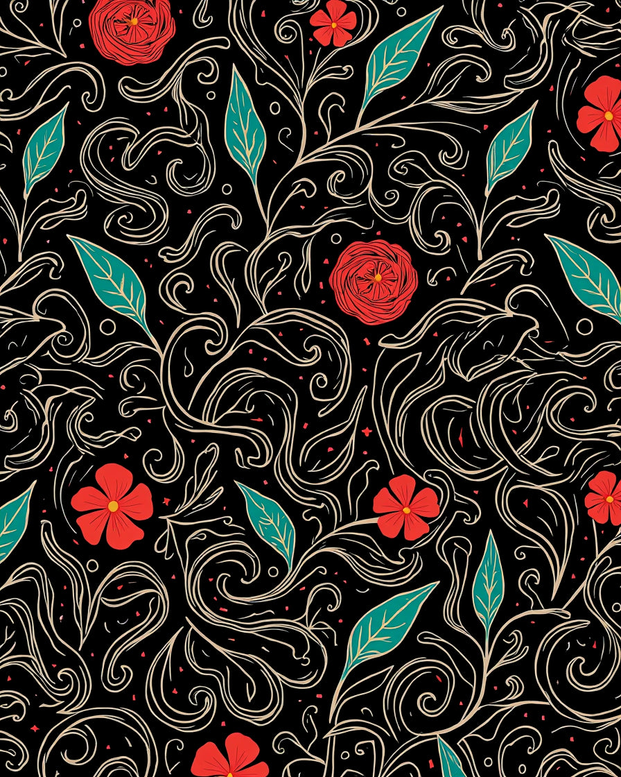 Red Floral Vine With Swirls Pattern Rug