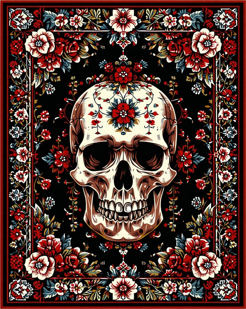 Bold Skull Floral Pattern Rug