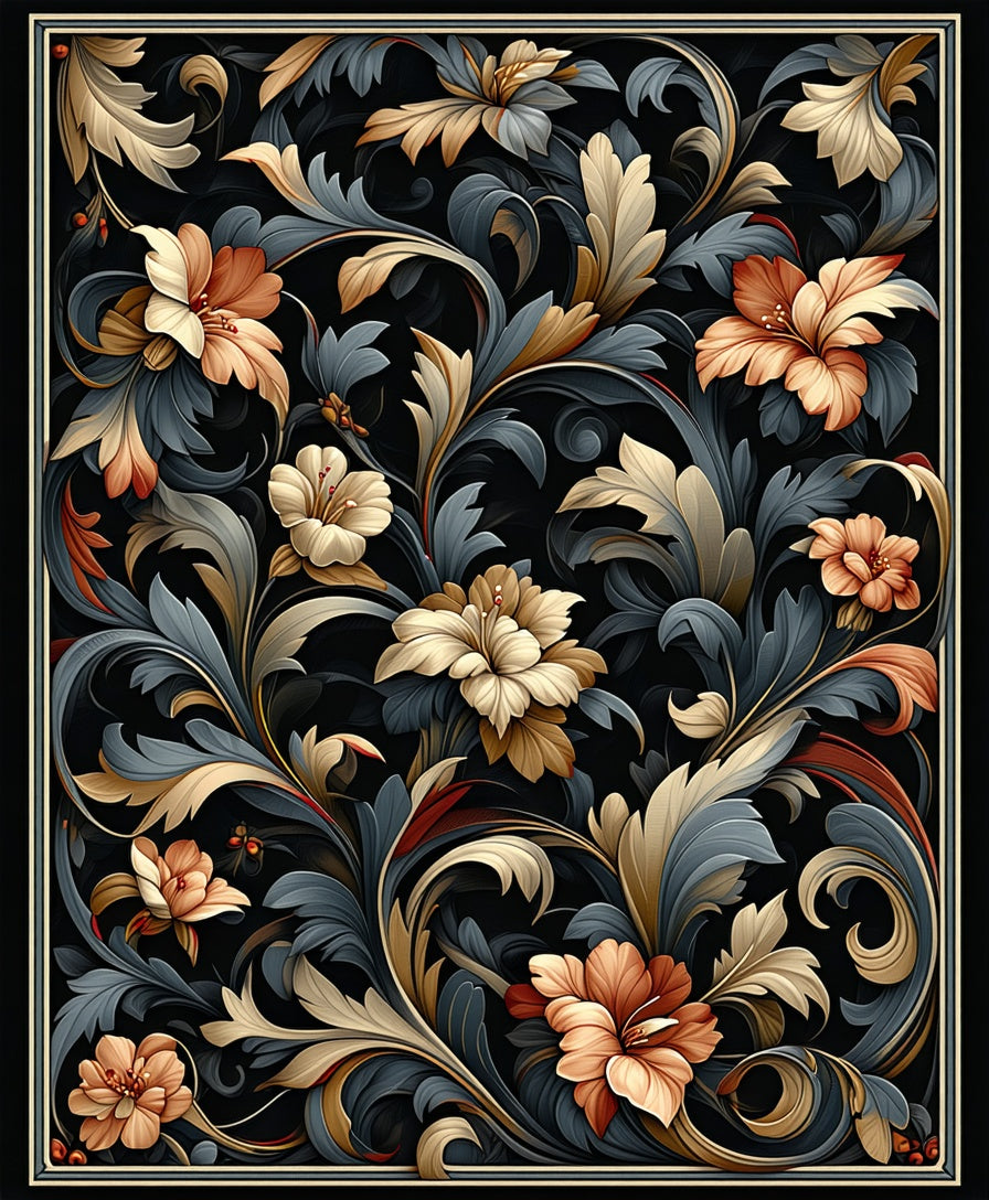 Elegant Floral Swirls Dark Pattern Rug