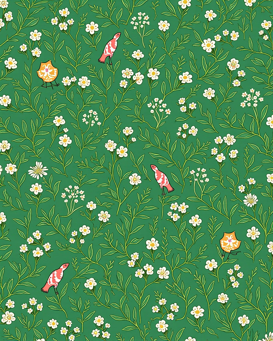 Green Floral Meadow With Birds And Lanterns Rug