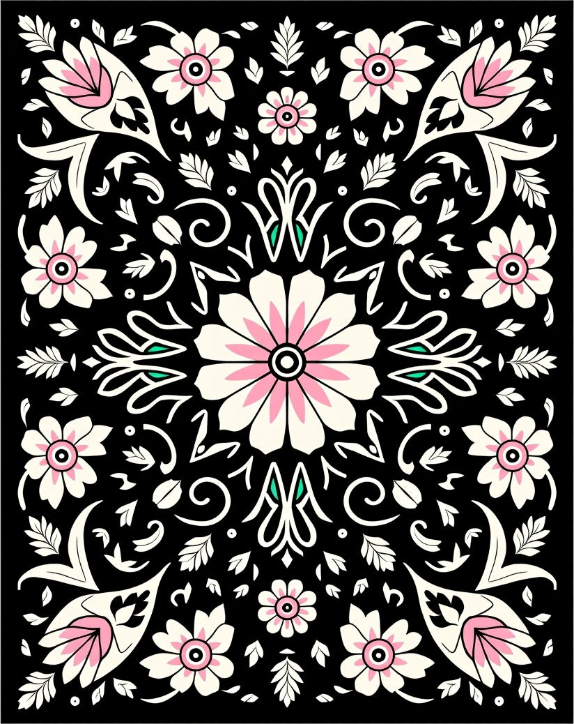Black Floral Pattern Rug