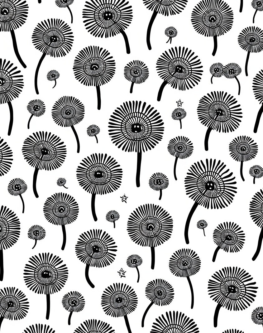 Whimsical Black Floral Dandelion Pattern Rug