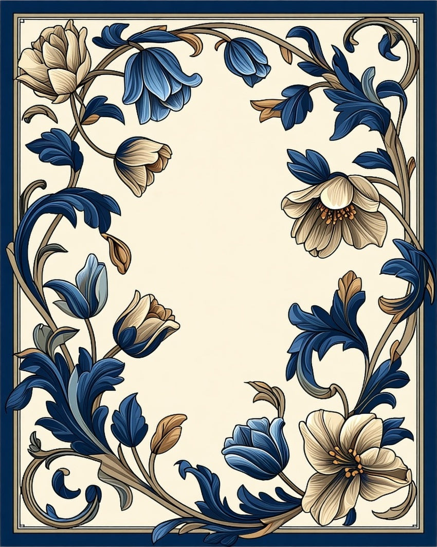Classic Floral Scrollwork Blue Cream Design Rug