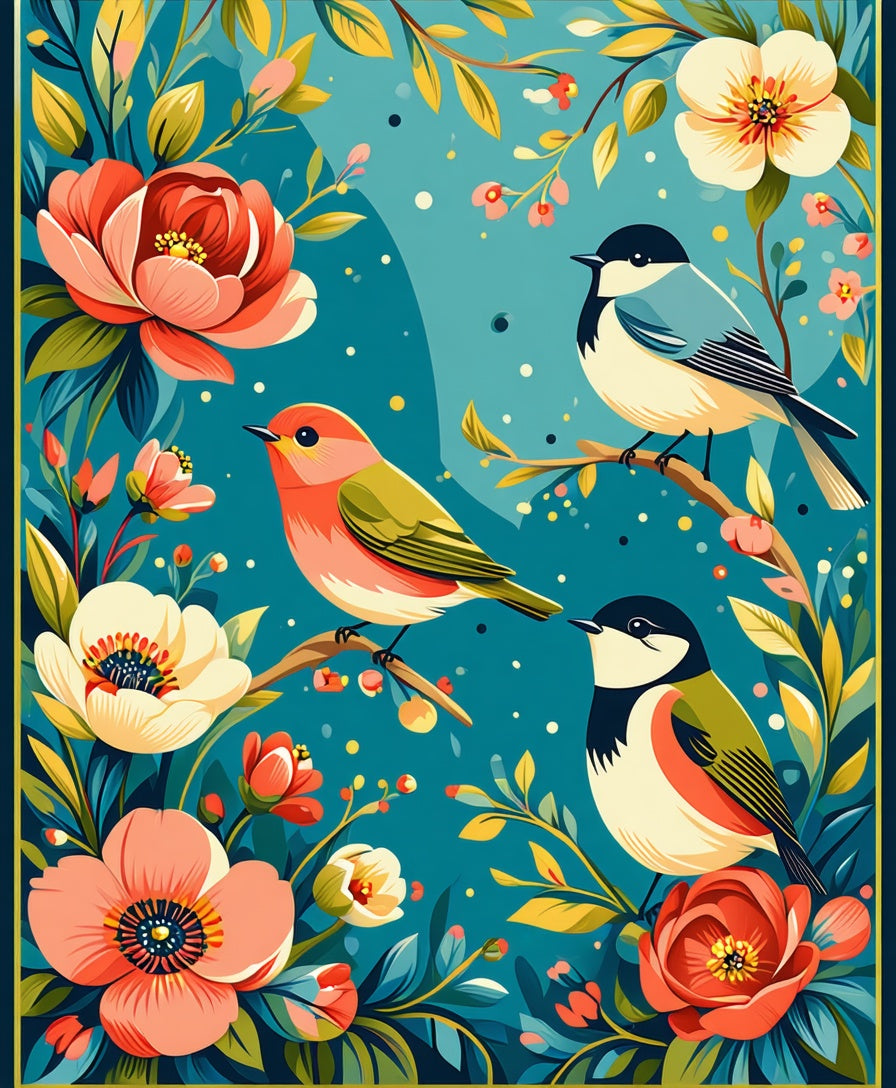 Whimsical Birds Floral Garden Design Rug