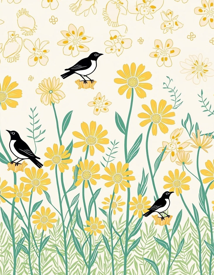 Cheerful Birds and Yellow Floral Pattern Rug