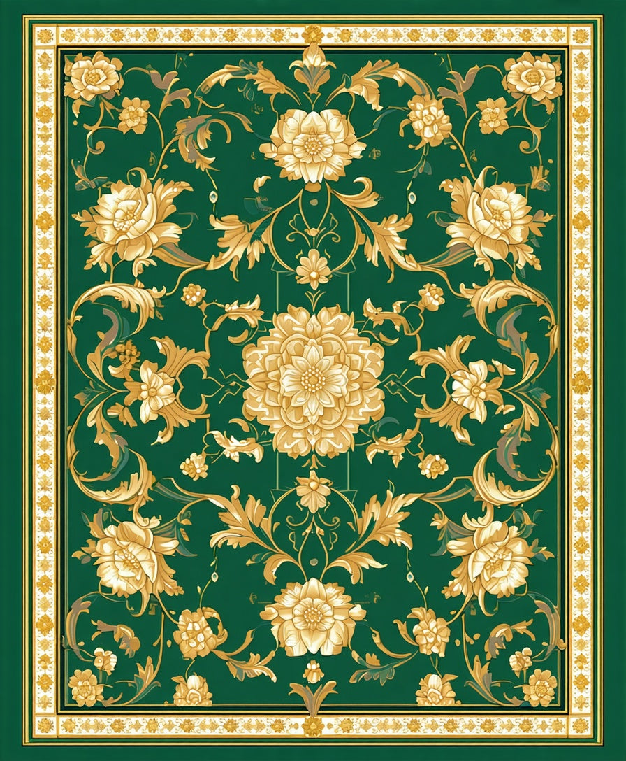 Emerald Green Gold Floral Garden Rug