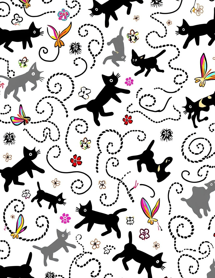 Whimsical Black Grey Cat Butterfly Pattern Rug