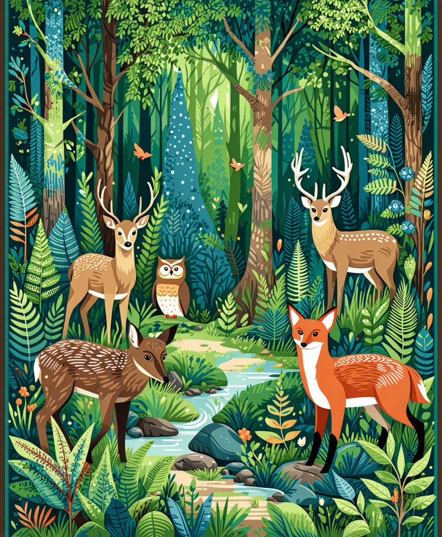 Woodland Creatures Lush Forest Design Rug