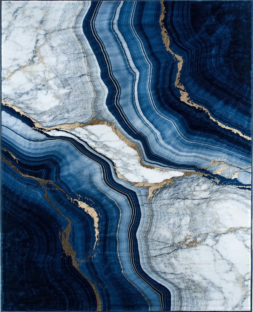 Deep Blue Marble Veined Gold Accent Rug