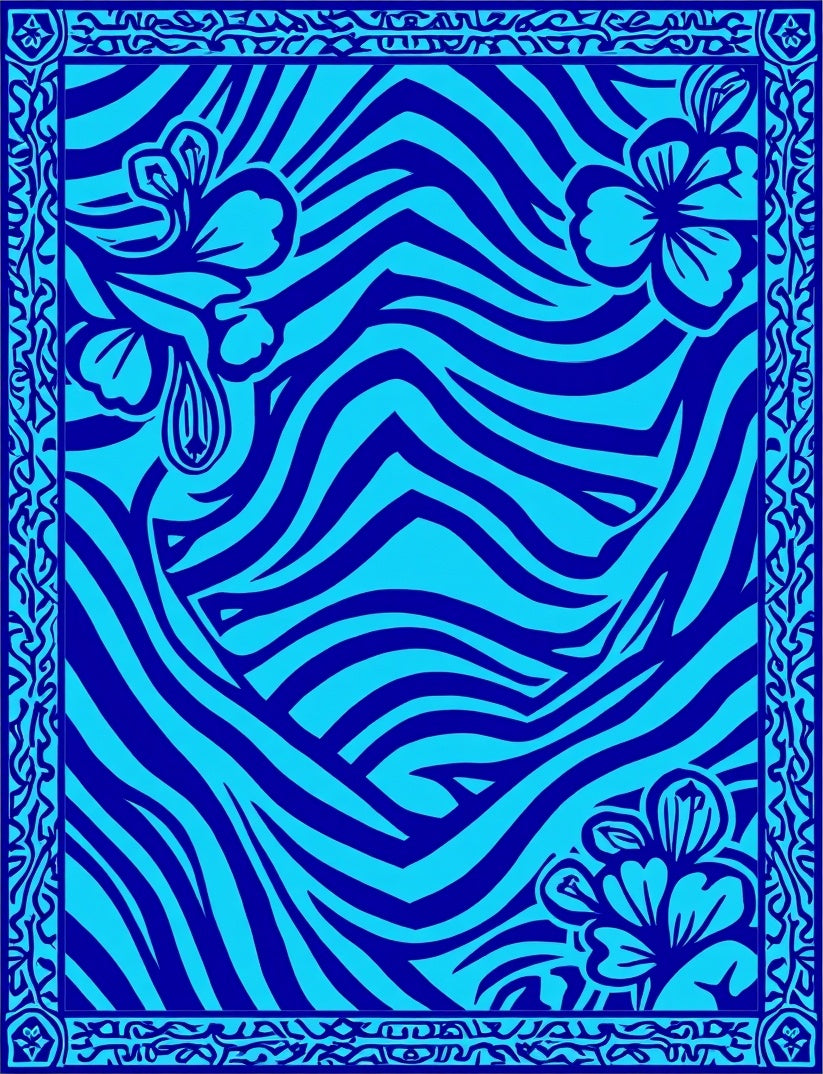Bold Blue Floral Zebra Stripes Design Rug