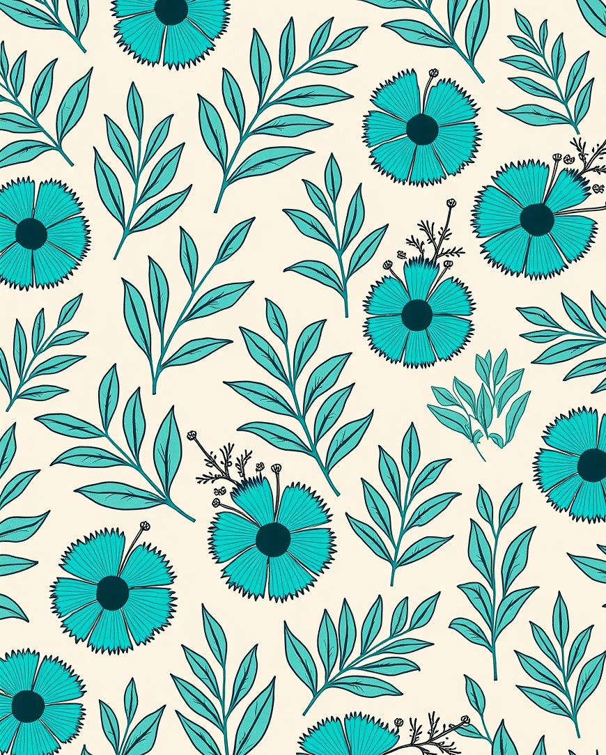 Teal Floral Leaf Pattern Rug