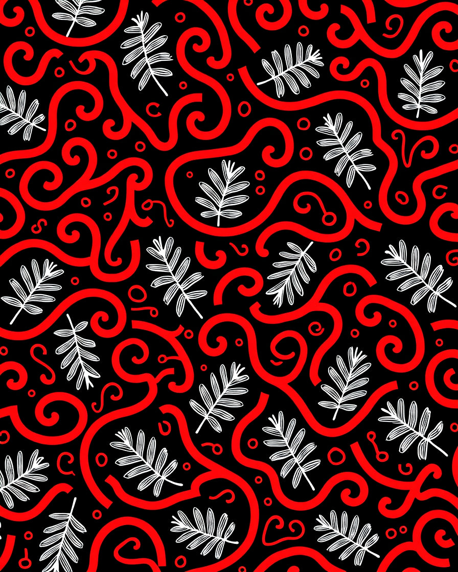 Bold Red Swirl Fern Black Rug
