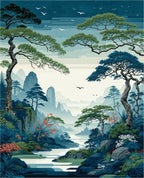 Serene Landscape with Birds Trees Design Rug
