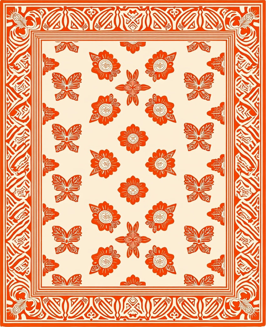 Orange Floral Butterfly Border Pattern Rug