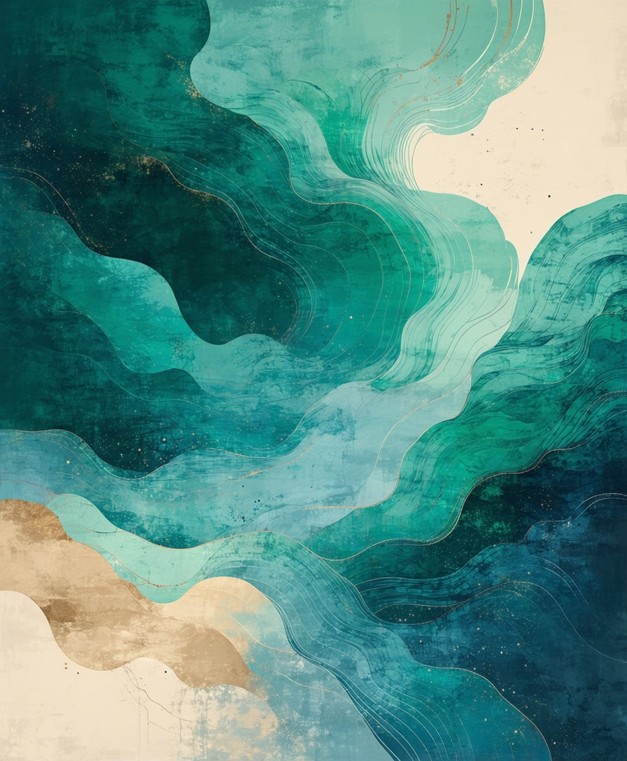 Teal Gold Fluid Wave Rug