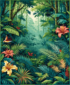 Lush Jungle Floral Bird Botanical Scene Rug