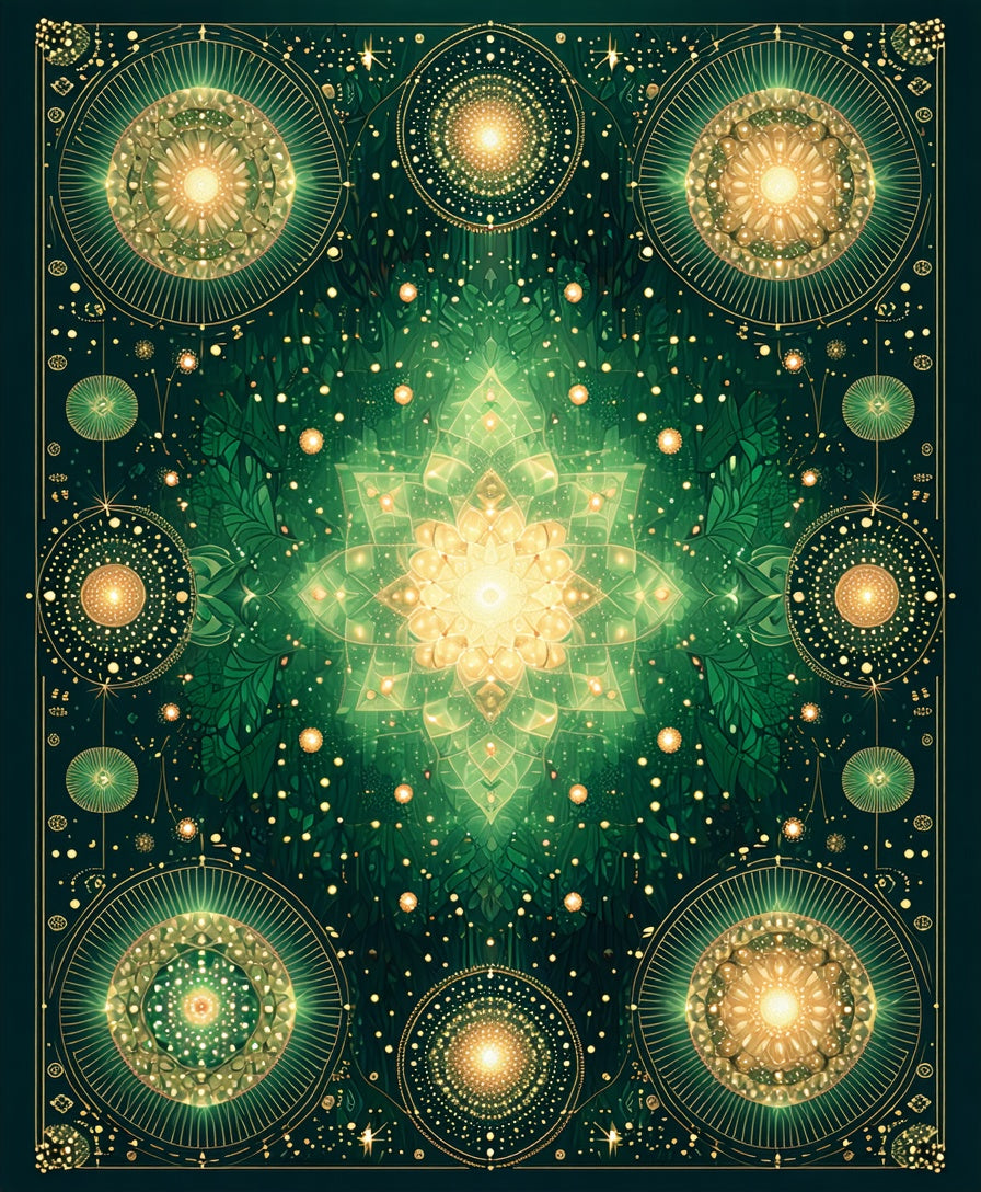 Emerald and Gold Celestial Mandala Rug