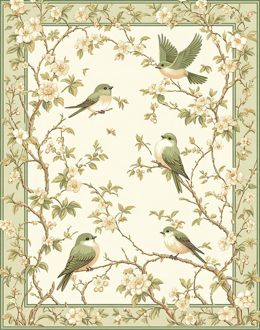 Vintage Pastel Bird And Blossom Design Rug