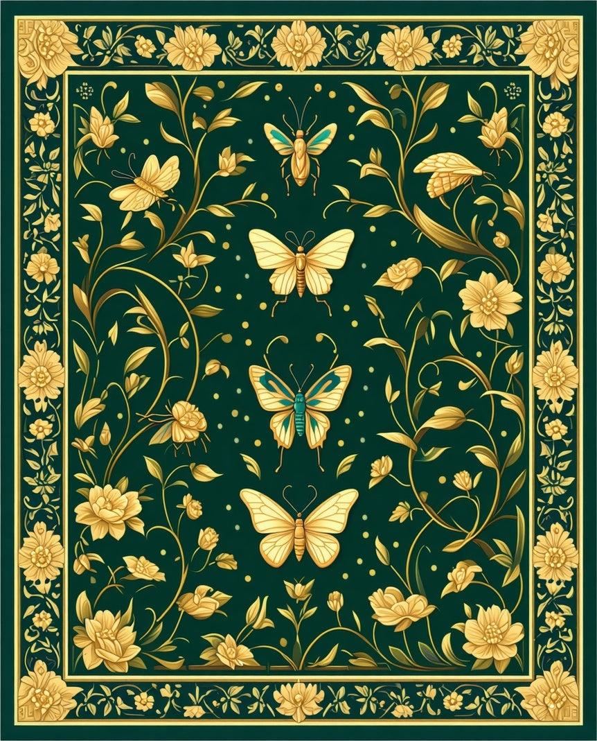 Gold Green Butterfly Floral Design Rug