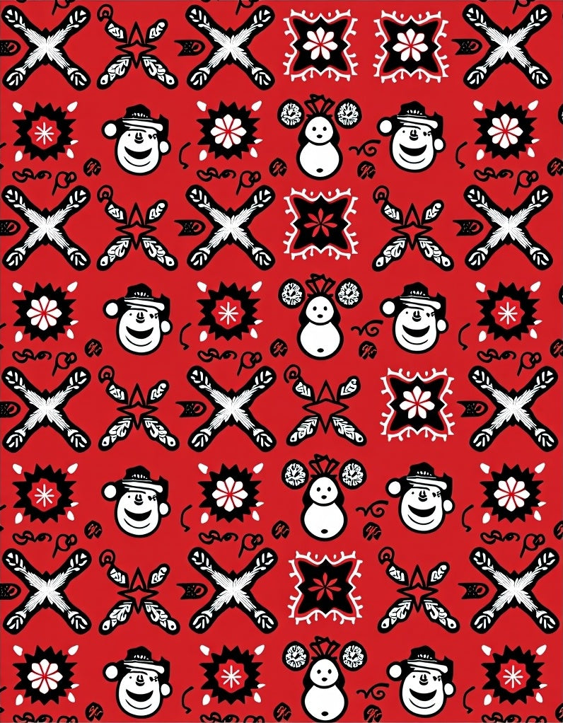 Red White Black Snowman And Star Rug