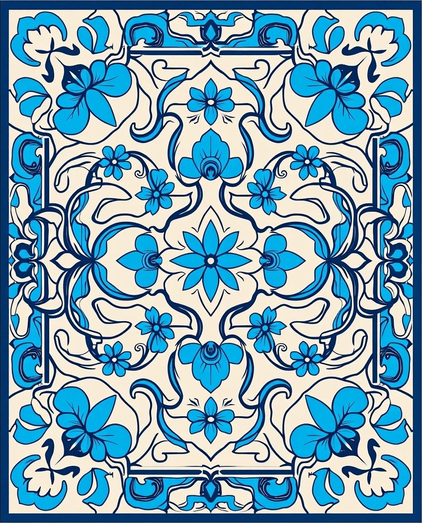Elegant Blue Floral Art Nouveau Rug