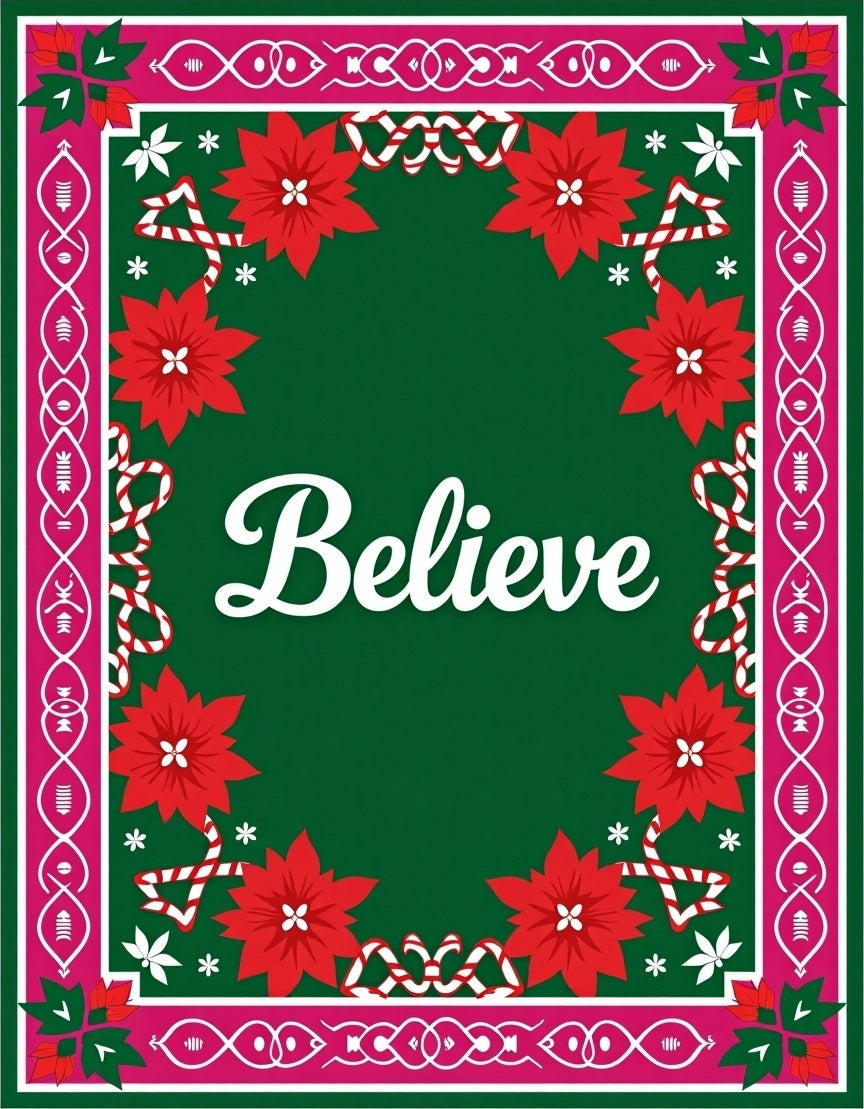 Festive Pink Holly Poinsettia Ribbon Rug