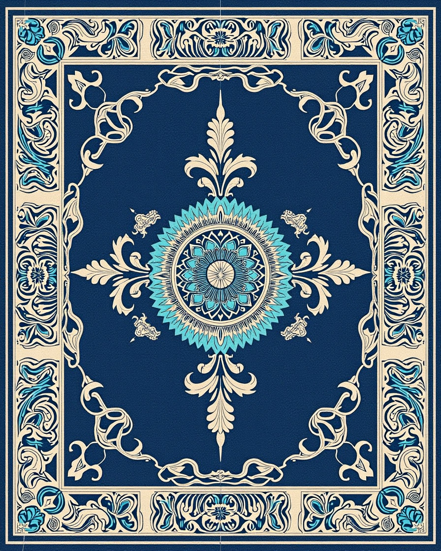 Floral Medallion Bordered Deep Blue Design Rug