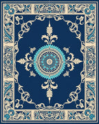 Floral Medallion Bordered Deep Blue Design Rug