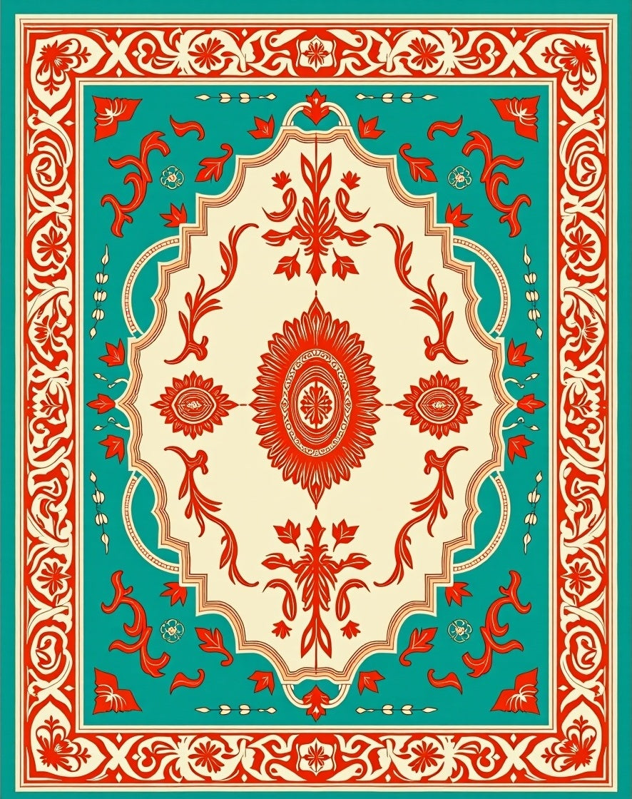 Victorian Teal Red Floral Medallion Rug