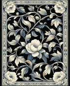 Black Floral Leaf Intricate Pattern Rug