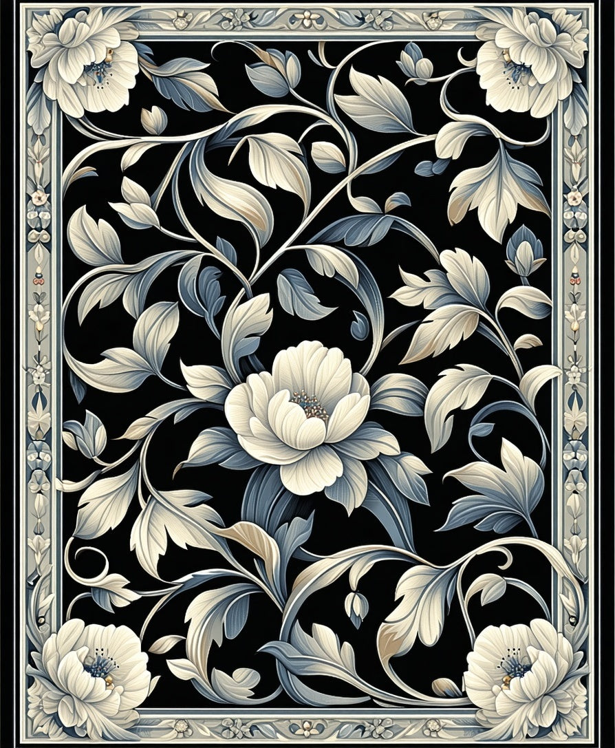 Black Floral Leaf Intricate Pattern Rug
