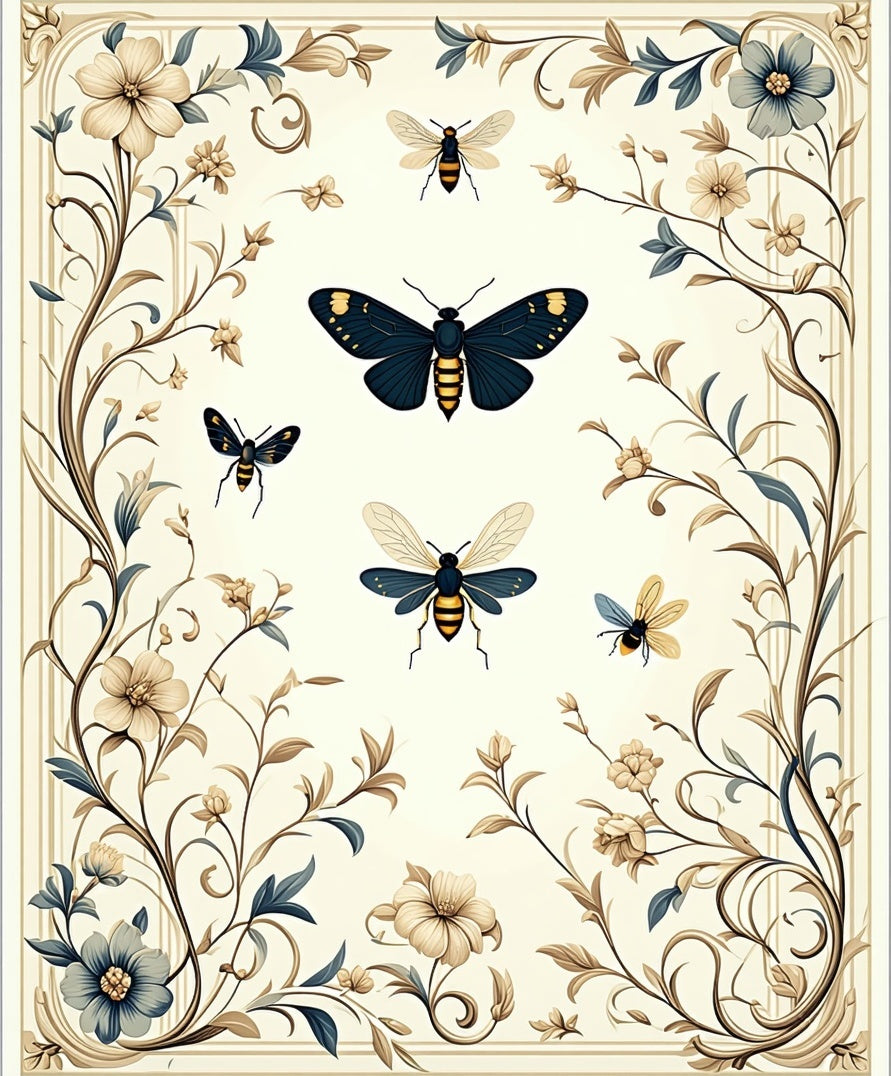 Elegant Floral Insect Scrollwork Design Rug