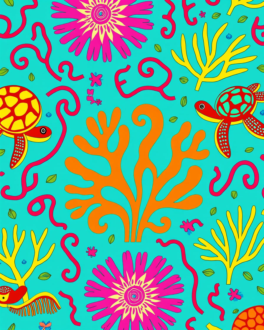 Whimsical Aquatic Coral Turtle Pattern Rug